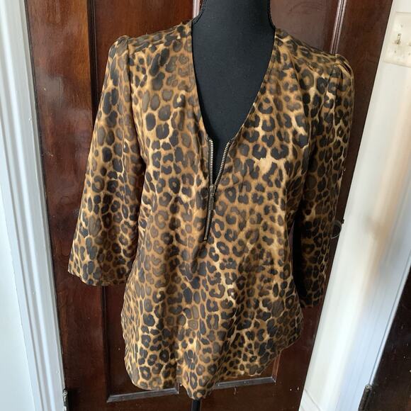Express Leopard Print Silky Zip Front 3/4 Sleeves Blouse Women's Size SMALL - Picture 11 of 15